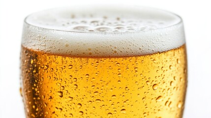 Cold glass of beer with light bubbles and a frothy head, condensation droplets visible, isolated on white background