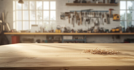wooden table with few wood shavings is set in sunlit workshop, creating warm and inviting atmosphere. Tools hang on wall in background