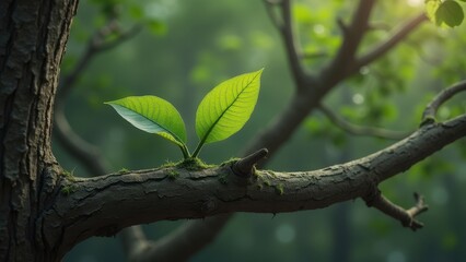 Fototapeta premium New Life: Twin Leaves Sprouting from the Branch of a Majestic Old Tree