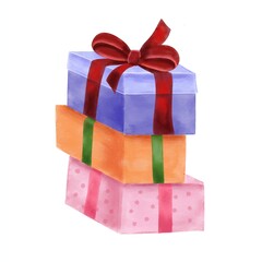 Watercolor painting of a pile of purple, orange and pink gift boxes tied with a red ribbon isolated on white background. For winter holiday present.