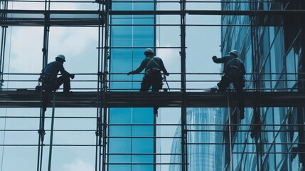 Workers collaborating on scaffolding to install windows in a high-rise building, highlighting teamwork in construction.