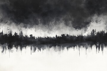 Abstract black and white painting of a cityscape with a cloudy sky reflecting in the water.