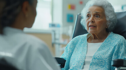 Fototapeta premium elderly woman in wheelchair converses with compassionate nurse in healthcare setting, highlighting care and empathy. scene is warm and supportive