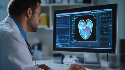 A cardiologist reviewing a patient’s heart scan results on a computer screen in a well-organized consultation room, Analytical style, photo of