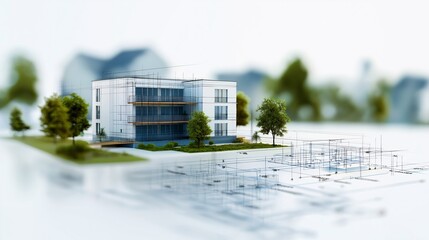 Dream Home Blueprint: A miniature model of a modern suburban house sits atop a detailed blueprint, showcasing the architectural vision and meticulous planning that goes into building a dream home.  