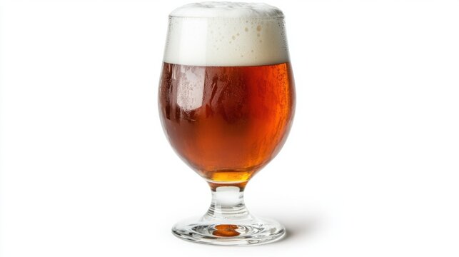 Full glass of craft beer with rich amber color and a fluffy white head, isolated on white background
