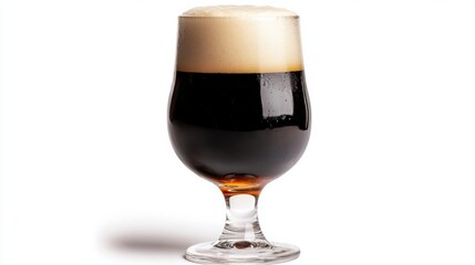 Glass of dark porter beer with a foamy top, isolated on white background