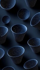 A pattern of dark blue bowls with a starry texture, against a dark blue background. The bowls are arranged in a random pattern, creating a modern and abstract design.