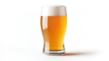 Glass of wheat beer with a smooth foam top, slightly hazy color, isolated on white background