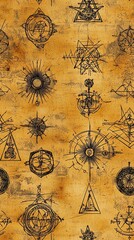 Mystical alchemy symbols seamless pattern, esoteric diagrams on aged parchment