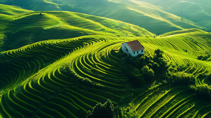 Fototapeta premium View of a large green field with a small house.