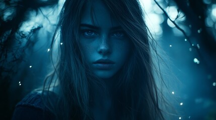 Fototapeta premium A tight shot of an individual with lengthy locks and penetrating blue eyes amidst a shadowy forest, illuminated by beams of light upon their visage