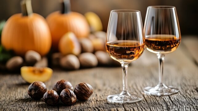 Two elegant glasses hold amber liquid, surrounded by roasted chestnuts and decorative pumpkins, creating a warm Thanksgiving atmosphere