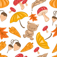 Seamless pattern of pumpkin, bear, umbrella, mushroom, acorn, carrot, maple leaf, and dry leaf with beautiful color on white background illustration for print or wrapping. Autumn seasonal. 