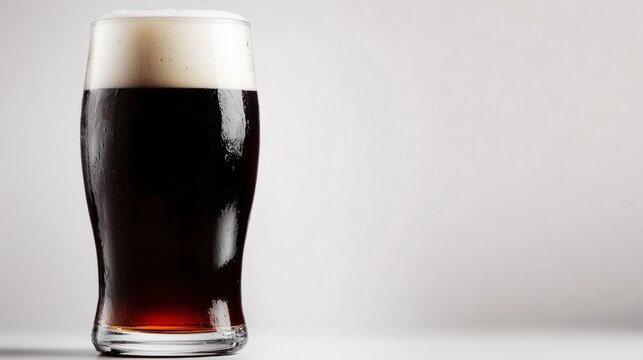 Pint of rich, dark porter beer with foam settling on top, isolated on white background