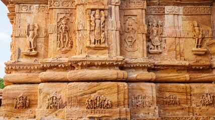Beautiful carvings of Hindu deities on Surajdeval Temple, Thangadh, Surendranagar, Gujarat, India.