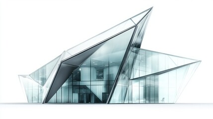 Contemporary glass office building with sharp angles and minimalist structure, isolated on white background