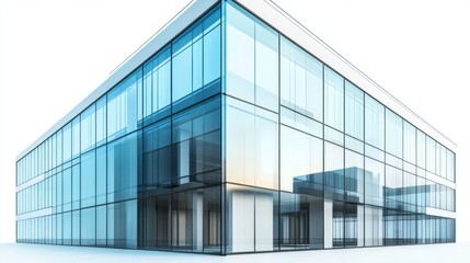 Contemporary office block with bold, geometric glass architecture, isolated on white background