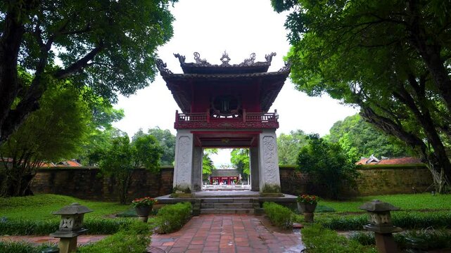 view of Khue Van Cac pavilion in Temper of Literature or Van Mieu - Vietnam's first national university in Hanoi city, Vietnam.
