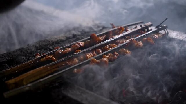 Grilled meat live on charcoal fire. The ingredient of "bun cha" is a famous Vietnamese noodle dish with grilled meat, spring rolls, vermicelli and fresh vegetables.