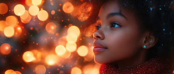 Fototapeta premium girl's face on new year background with bright lights