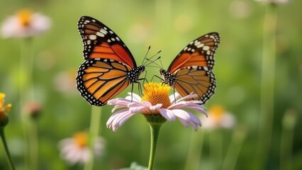 Naklejka premium Butterflies Resting Gracefully on a Blooming Flower in Nature