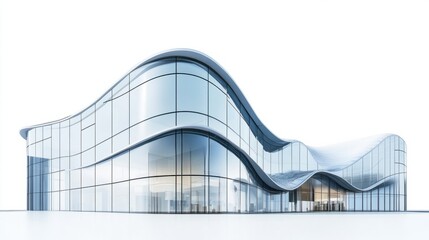 Fototapeta premium Futuristic office building with curved glass panels and reflective surface, isolated on white background