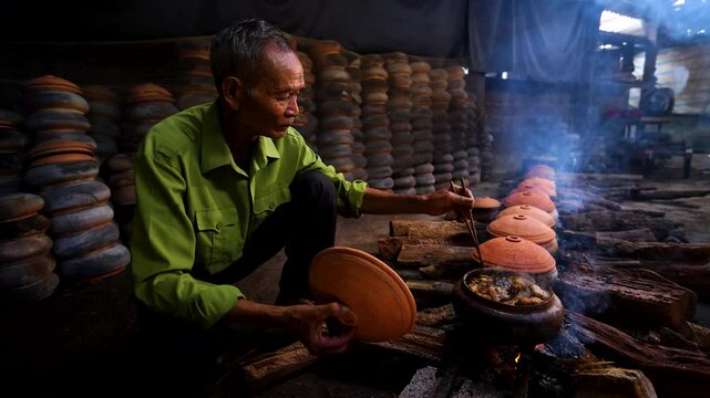 Old man cooking Vietnamese braised pork belly and braised fish in the kitchen, Hoa Hau commune, Ha Nam province, Vietnam near Vu Dai village