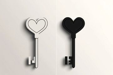 A black and white heart-shaped key pair is displayed against a neutral background highlighting simple contrast and elegance
