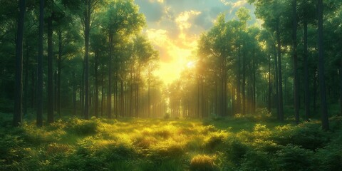 Obraz premium Deep forest trees and sunlight banner.