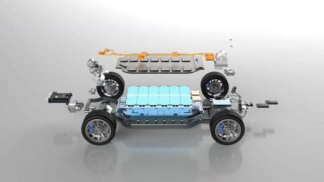 Exploded view of electric vehicle battery with undercarriage