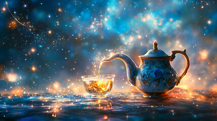 Cosmic Tea Time with a Glittering Teapot and Cup