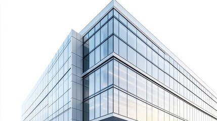 Modern glass-fronted office building with sleek, minimalist design, isolated on white background