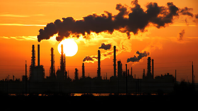 puesta de sol contraluz de chimeneas de industria con humo