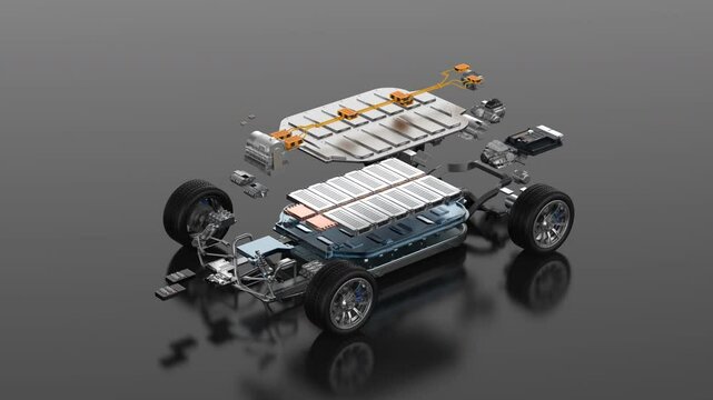 Exploded view of electric vehicle battery with undercarriage
