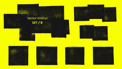 Linocut geometric compositions, squres, textured lino ink remains. Black and white artistic text backgrounds. Relief printing paint roller stains, textured transparent rectangles. Linocutting texture.