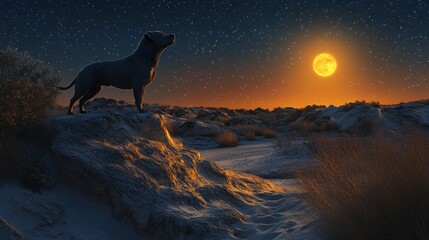  A dog atop a snow-capped hill gazes at a yellow ball of fire in the night sky