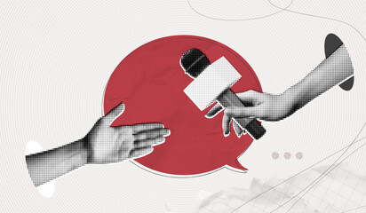 Trendy Halftone Collage Hand holding microphone for interview. Social reportage. Journalist and press. Daily news. Red speech bubble message. Metaphor artwork. Contemporary vector illustration art