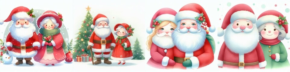 A festive illustration featuring Santa Claus, Mrs. Claus, and joyful children amidst Christmas trees, embodying the spirit of the holiday season.