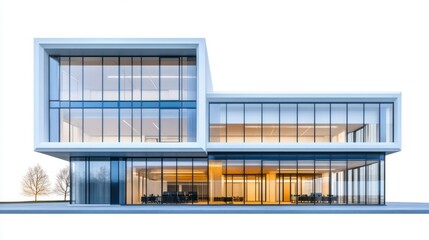 Fototapeta premium Modern office complex with modular design and sleek glass fade, isolated on white background