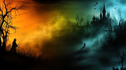 Obraz premium A haunting Halloween wallpaper with a dark gradient from black to orange, with shadowy pumpkins, bats, and ghosts emerging from the mist.