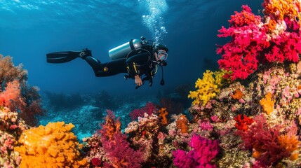 A thrilling scuba diving adventure amidst a vibrant coral reef, Diving equipment against colorful marine life, Underwater exploration style