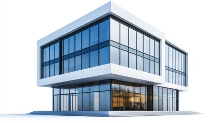 Office building with modular glass windows and minimalist design, sleek and modern, isolated on white background