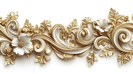 Golden Renaissanceinspired filigree swirls intertwining vintage floral scrolls and rich ornamental elements in an opulent 3D design set against a pristine white background