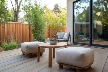 A contemporary patio features wooden stools and a small round table, surrounded by lush greenery and a wooden fence, perfect for relaxation and enjoyment.