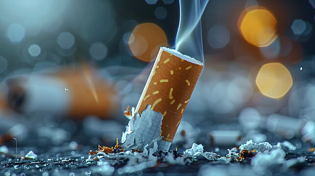 primer plano colilla de cigarrillo tabaco apagada en cenicero