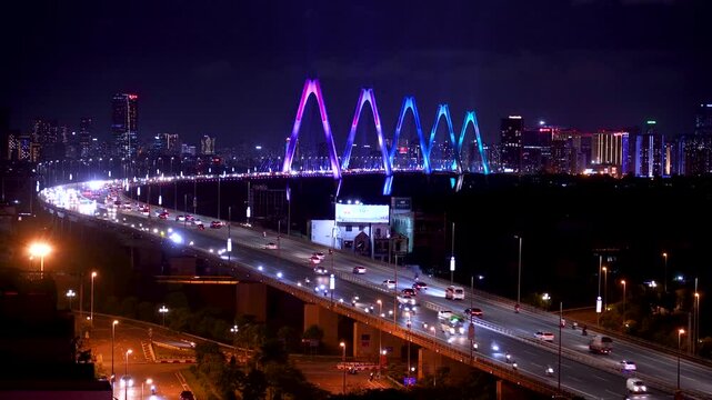 Hanoi skyline at twilight at Vo Chi Cong street, leading to Nhat Tan cable stayed bridge, Dong Anh district.Travel and landscape concept