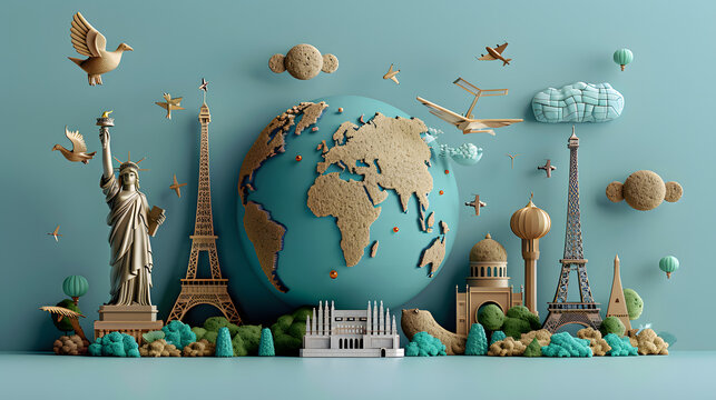 Imagen 3D concepto de viajar con s&iacute;mbolo de monumentos famosos 