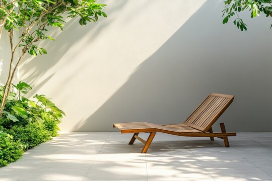 This image showcases a tranquil garden setting with a wooden reclining chair, surrounded by lush greenery, casting soft shadows on the sunlit patio floor.