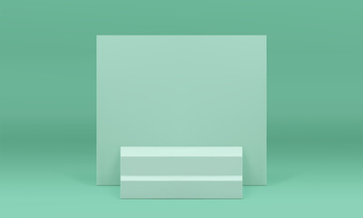 Light green 3d podium pedestal staircase with wall background realistic vector illustration. Trendy minimalist showcase stairs mockup for product show presentation sale shopping showroom